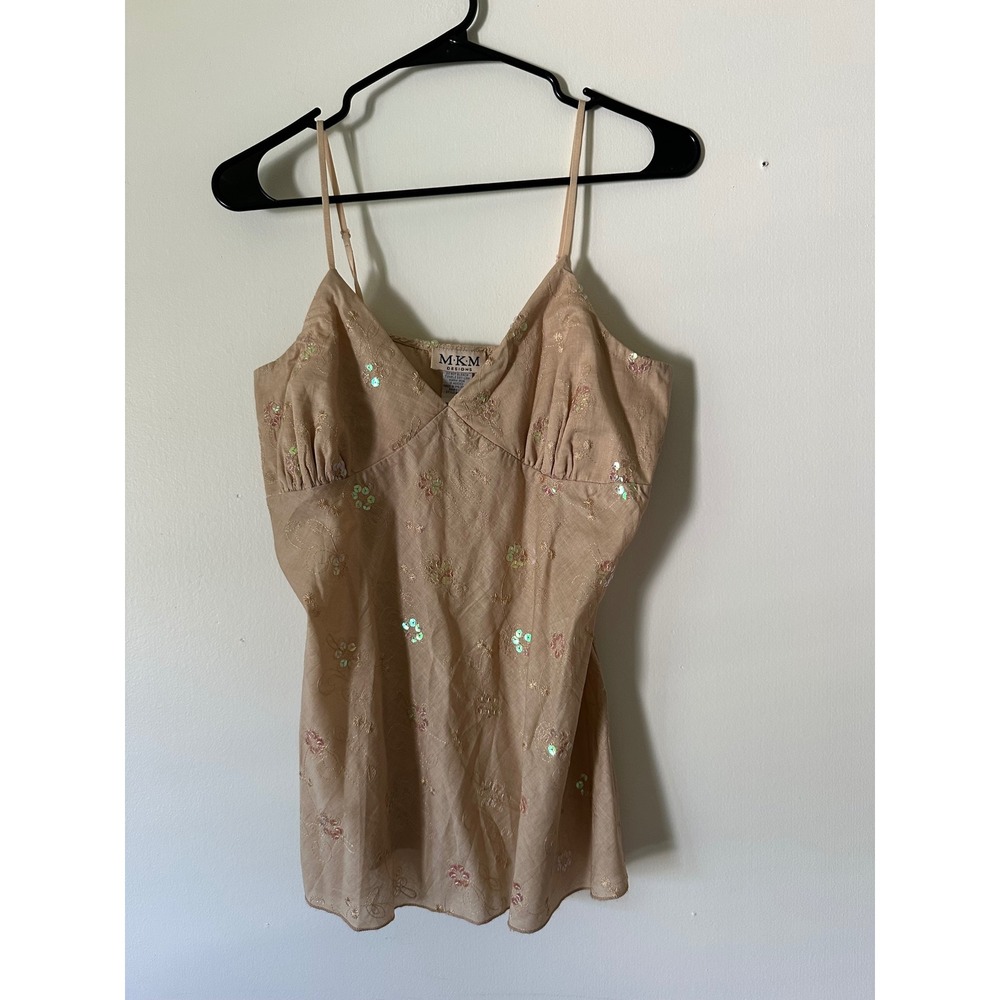 MKM Designs Sequin Floral Embroidered Cotton Cami Top Beige Medium Y2K fairycore